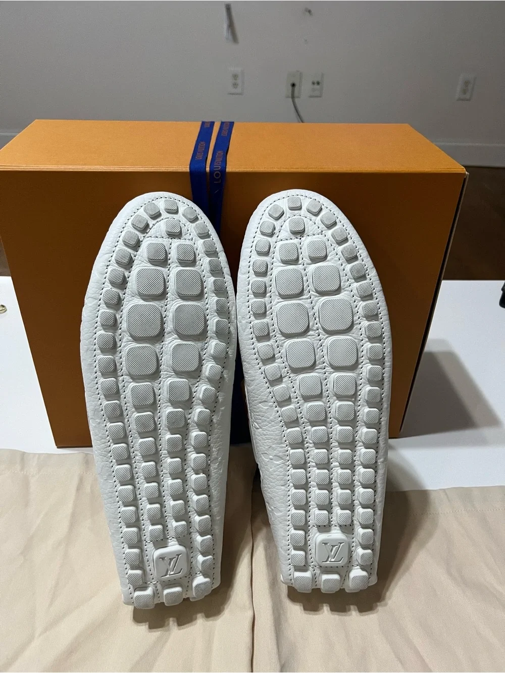 Louis Vuitton White Embossed Monogram Driving Loafers with Bow